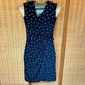 Navy and White Polka Dot Faux Wrap Dress